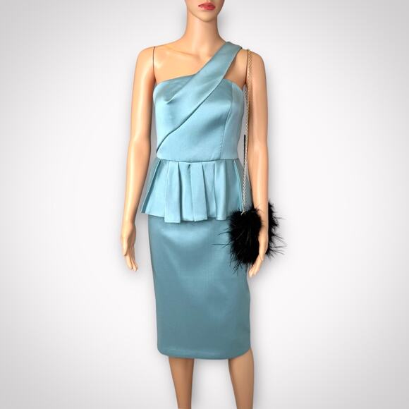 Aidan Mattox One-Shoulder Peplum Cocktail Midi Dress Aquamarine Blue Size 0 - Picture 15 of 15